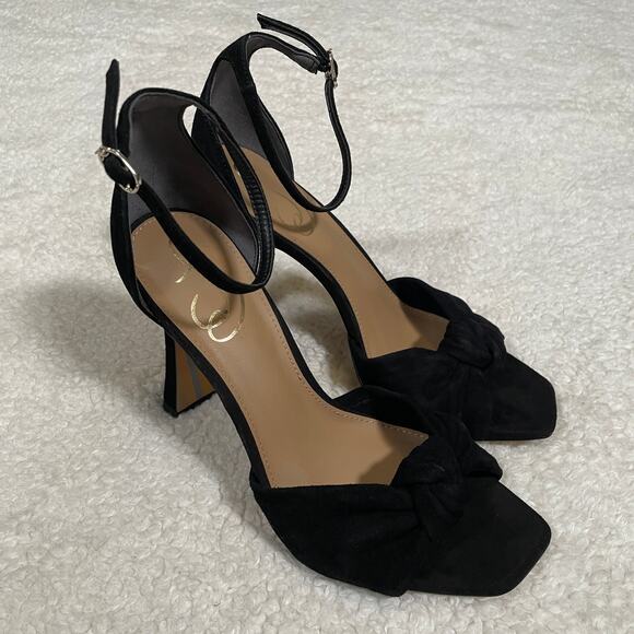 Sam Edelman Lucia Sandals Spool Heels Ankle Strap Suede Open Toe Knot Black 7 - Picture 4 of 7